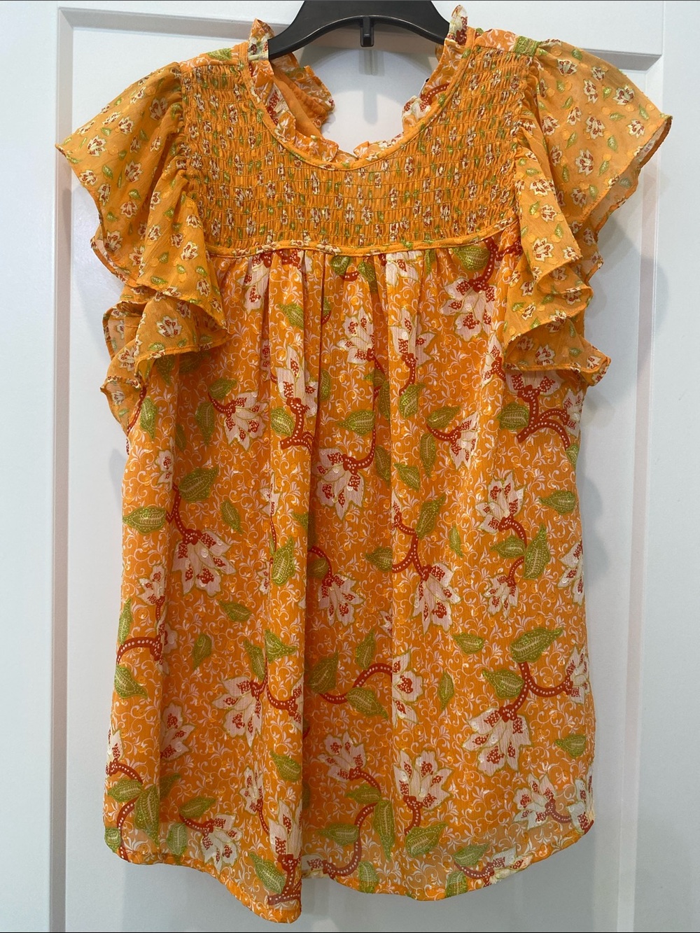 Women's Floral Ruffle Sleeve Blouse - Orange